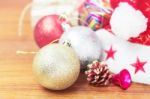 Balls With Decorations On Wooden Stock Photo