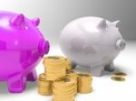 Piggybanks And Coins Showing American Earnings Stock Photo