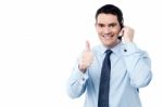 Call Center Agent Showing Thumb Up Stock Photo