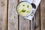 Bowl Of Broccoli And Cheddar Cheese Soup Stock Photo