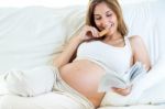 Pregnant Woman Reading A Book On Sofa Stock Photo