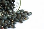 Black Beans In A Bottle On White Background Stock Photo