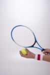 Woman Hands With Tennis Racket Stock Photo