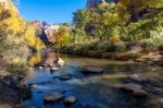 Virgin River Meandering Through The Mountains Of Zion Stock Photo