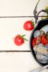 Fresh Clams On An Iron Skillet Stock Photo