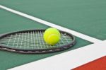 Tennis Court With Ball And Racket Stock Photo