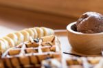 Belgian Waffles With Fruit And Chocolate, Forest Fruit, All Home Stock Photo