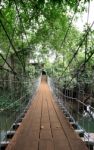 Vertical Wooden Suspension Bridge Cross Small River To House Stock Photo