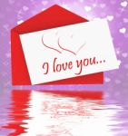 I Love You On Envelope Displays Valentines Card Or Romantic Lett Stock Photo