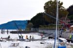 Destroyed  By Thunderstorm Piers With Boats In Verbania, Italy Stock Photo