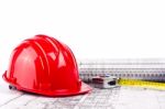 Hard Hat On Blueprint Stock Photo