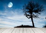 Wooden Terrace Over Night Sky Stock Photo