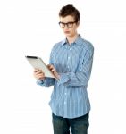 teenage Boy Using Touchpad Device Stock Photo