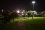 Night Public Park In The City With Houses Near Stock Photo