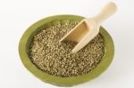 Raw Hemp Seeds Wooden Laddle Close Up Stock Photo