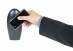 Business Man Holding Smartphone As Near Field Communication Stock Photo