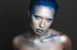 Art Makeup With Blue Hair And Rhinestones Stock Photo