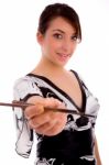 Front View Of Smiling Japneese Woman Holding Chopsticks Stock Photo