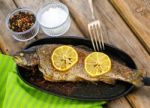 Delicious Baked Rainbow Trout With Lemon Straight From The Oven Stock Photo