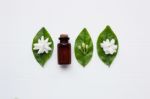 Essential Oil With Jasmine  Flower On White Background Stock Photo