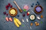 Flat Lay Ice Cream With Various Fruits Raspberry ,blueberry ,str Stock Photo