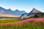 Norway Sunny Summer Day. Bridge Over The Fjord Stock Photo