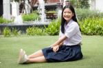 Portrait Of Thai High School Student Uniform Teen Beautiful Girl Happy And Relax, Stock Photo