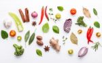 Various Fresh Vegetables And Herbs On White Background.ingredien Stock Photo