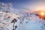 Sunrise On Deogyusan Mountains Covered With Snow In Winter,south Korea Stock Photo