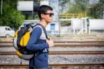 Tourists Man Are Enjoying The Train Station Stock Photo