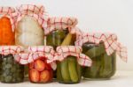 Variety Of Jars With Organic Vegetable Pickles Stock Photo