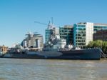 London, Uk - June 14 : Hms Belfast Anchored Near Tower Bridge In Stock Photo