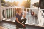 Sports Women Relax Time And Drinking Water Stock Photo