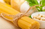 Italian Traditional Basil Pesto Pasta Ingredients Stock Photo