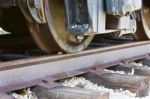 Beautiful Image With The Old Train Wheels And The Road Stock Photo