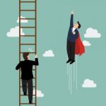 Businessman Superhero Fly Pass Businessman Climbing The Ladder Stock Photo