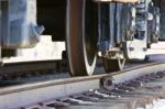 Beautiful Background With The Moving Wheels Of A Train And The Railway Stock Photo