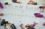 Heap Of Medicine Pills On Cardiogram Grid Paper. Selective Focus Stock Photo