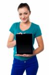 Cute Model Showing Newly Launched Tablet Pc Stock Photo