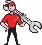 Mechanic Hold Spanner On Shoulder Cartoon Stock Photo