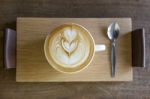 Hot Coffee Late Art On Wooden Tray Stock Photo