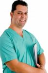 smiling surgeon with clipboard Stock Photo