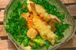 Fresh Japanese Tempura Shrimps With Salad Stock Photo