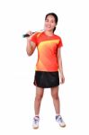 Badminton Player Isolated On White Background Stock Photo