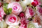 Close Up Of Artificial Pink Roses Flower Bouquet Stock Photo