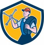 Mechanic With Tire Wrench Shield Cartoon Stock Photo