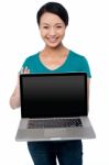 Salesgirl Presenting Brand New Laptop For Sale Stock Photo