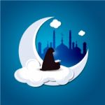 Muslim Woman Reading Quran On Cloud Abstract Blue Background Stock Photo