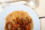 Italian Seafood Spaghetti Pasta On Red Tomato Sauce Stock Photo