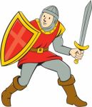 Medieval Knight Shield Sword Standing Cartoon Stock Photo